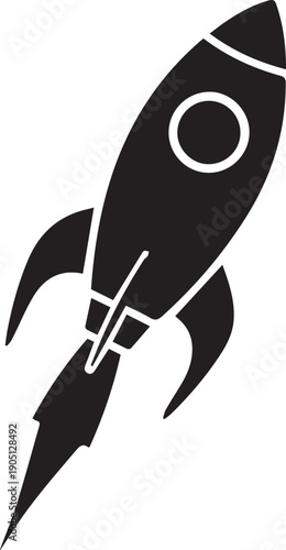 Black rocket ship icon vector silhouette flying upwards with stylized smoke trail and round window