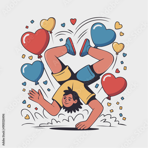 joyful handstand character surrounded by colorful heart balloons celebrating fun movement positivity and playful energy
