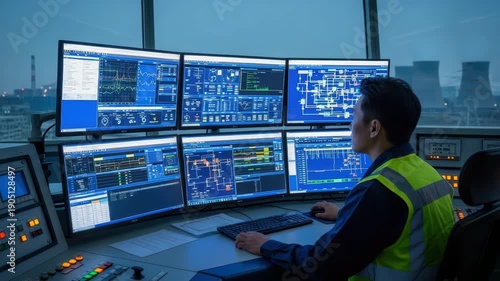 Technician Monitoring System Data On Multiple Screens In Control Room Analyzing Information With Industrial Structures In The Background Scenario For Tech Energy Infrastructure Illus