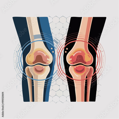 medical comparison of healthy and damaged knee joints highlighting structural changes, inflammation, and joint‑health education
