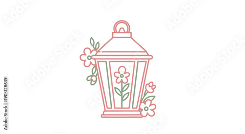 Illustration of a lantern surrounded by flowers viewed from the front