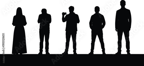 People standing silhouette lineup with men and woman in casual poses, modern lifestyle characters showing different stances and gestures isolated on white background illustration