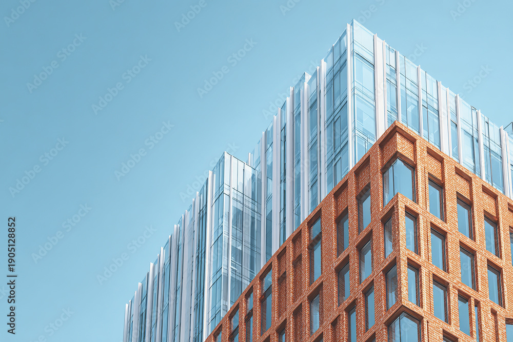 Fototapeta premium Modern building facade with glass and brick wall under clear blue sky, showcasing contemporary architecture and urban design in bright daylight