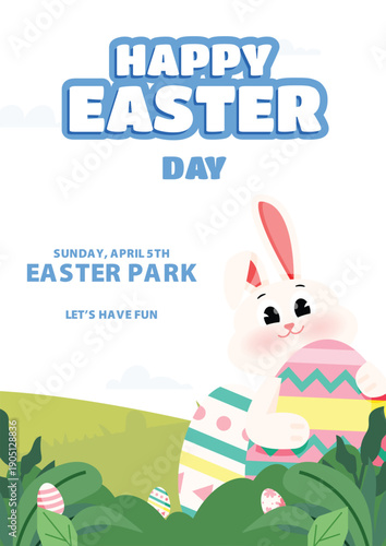 Modern Vertical Easter Poster Design Featuring Bunny Illustration, Spring Ornaments, and Clean Promotional Layout