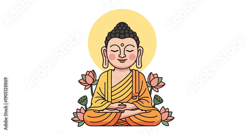 Buddha meditating in lotus position with flowers.