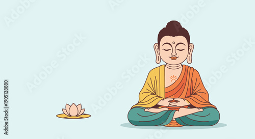 Buddha meditating with lotus flower nearby.