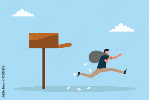 Vector illustration of a man running from a mailbox while carrying a letter bag symbolizing fast delivery, postal service, urgent communication, workload pressure and business efficiency
