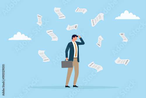Vector illustration of a stressed businessman surrounded by flying tax documents symbolizing financial pressure, tax season stress, paperwork overload, accounting challenges and responsibility
