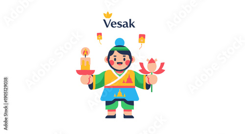 Cartoon Monk Holding Lantern and Candle.