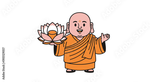 Cartoon Monk Holding Lotus Flower Illustration.