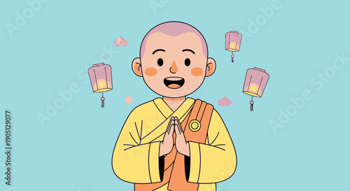 Cartoon Monk Praying with Lanterns.