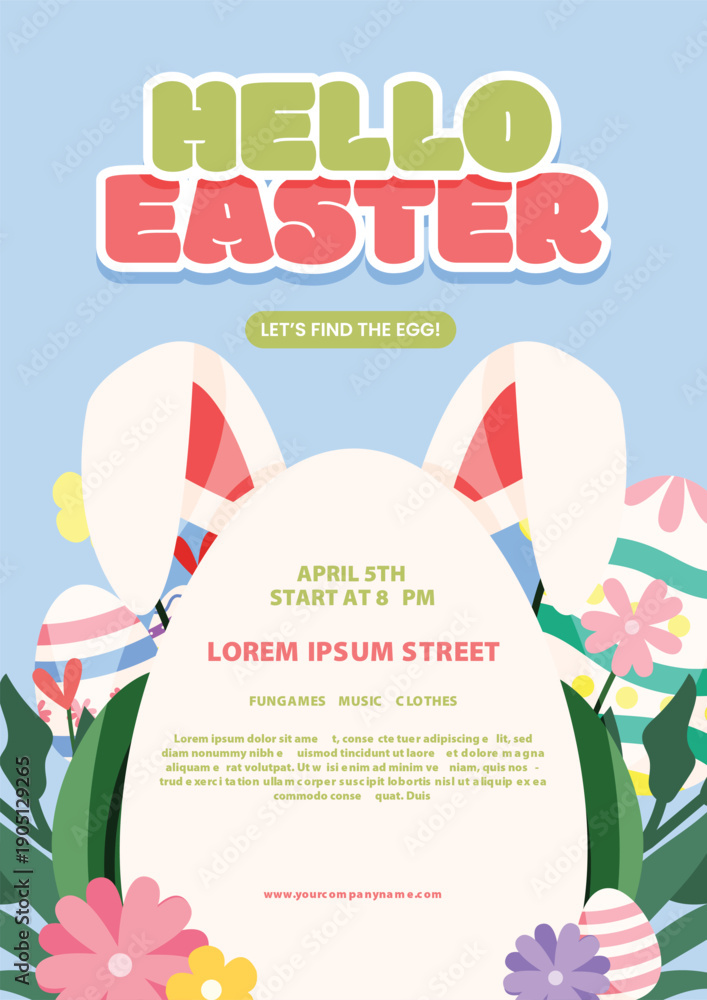 Fototapeta premium Modern Vertical Easter Poster Design Featuring Bunny Illustration, Spring Ornaments, and Clean Promotional Layout