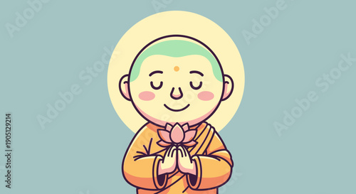 Smiling Monk with Hands Together in Prayer.
