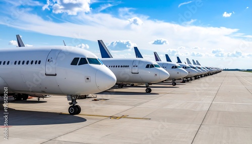 Several white passenger airplanes parked in a row on a concrete runway under a blue sky with fluffy clouds