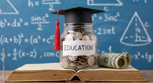 Wallpaper Mural Education savings and tuition concept featuring coin jar labeled EDUCATION on old book with graduation cap and money rolls for fund Torontodigital.ca
