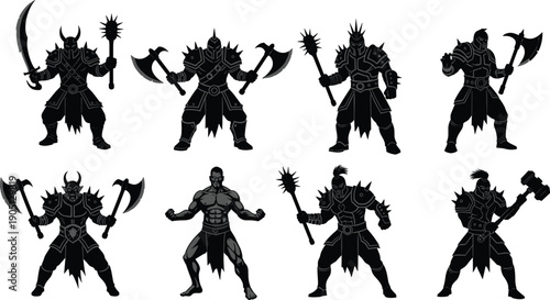Dark fantasy warrior silhouette set of armored knights and barbarians with axes swords and maces, epic game character collection isolated on white background illustration