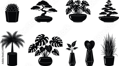 Decorative indoor plant silhouette collection with bonsai and potted houseplants, botanical elements for modern home interior design and natural decor isolated on white background illustration