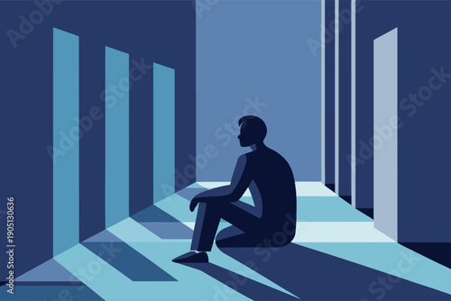 Man sitting alone in blue lit corridor with multiple doorways