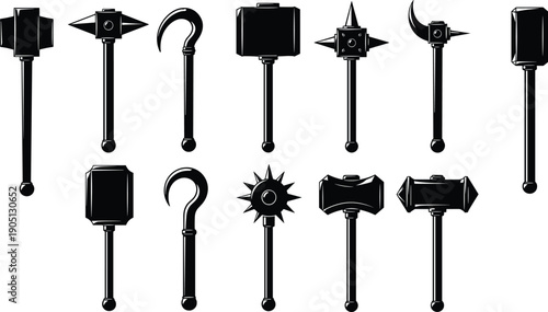 Collection of medieval fantasy war hammer icons, silhouettes of ancient mace weapons, viking bludgeons, knight equipment, fantasy weapon assets, and heavy combat tools.