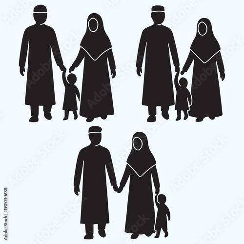 Set of Minimalist Muslim Family Silhouettes with Father Mother and Child for Islamic Projects and Cultural Design
