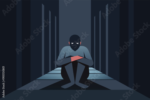 Cyber thief in black mask sitting in dark server room with glowing eyes