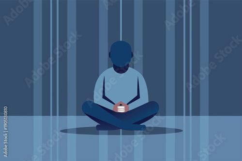 Man meditating peacefully in calming blue environment with phone