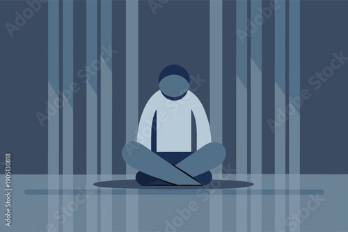 Person meditating in calm blue lit room with vertical bars