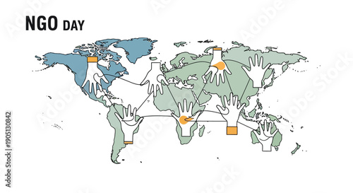 Wallpaper Mural Illustration of a world map with interconnected hands for NGO Day, symbolizing global unity and cooperation on a white background with green and blue continents. Torontodigital.ca