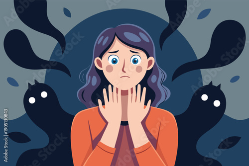 Woman feeling anxious with dark ghosts surrounding her