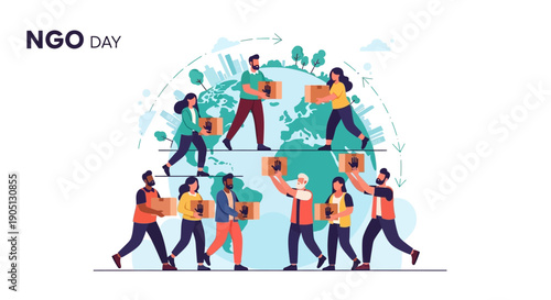 Illustration of diverse people working together around a globe with green leaves and blocks in a colorful, vector graphic style conveying a sense of unity and cooperation.