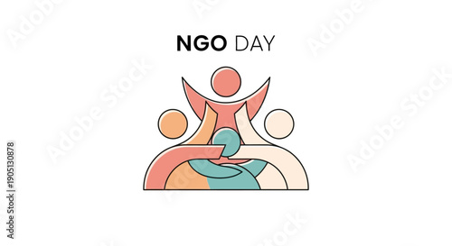 A minimalist vector illustration of diverse people joining hands in unity with NGO Day text on a clean white background.