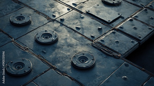 Close-up view of a detailed futuristic metal surface.