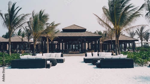Dark outdoor furniture and thatched-roof structures on a beach.