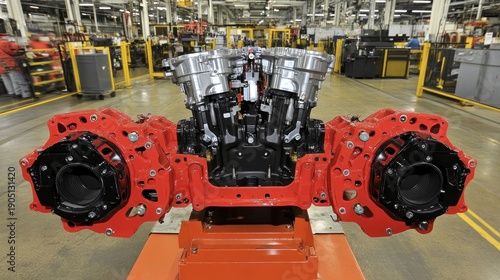 A red engine block in a manufacturing facility.