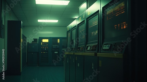 Server room interior with rows of dark equipment.