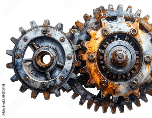 Interlocking metal gears isolated on a transparent background.PNG (