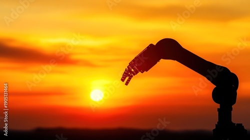 Industrial robot silhouette at sunset.