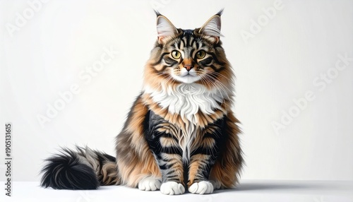 A majestic, long-haired cat with striking colors sits facing forward against a white backdrop