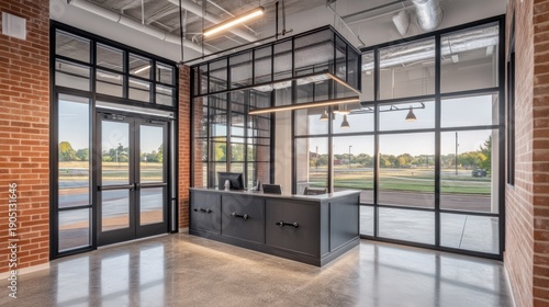 Modern reception area with large windows and brick walls.