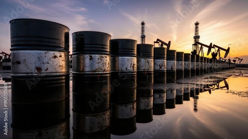 Oil Barrels Reflecting On Water Next To Oil Pumps During Sunset The Energy Industry Fossil Fuels For Environmental Concepts Editorial Use