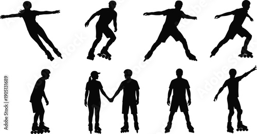 Collection of roller skating silhouettes, people on inline skates in various active poses, urban extreme sports icons, outdoor fitness activity vector design assets.