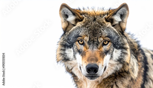Close-up of a majestic wolf with piercing amber eyes, set against a stark white backdrop