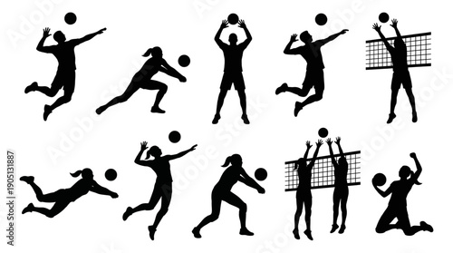 Volleyball Players Action Silhouette Set – Serve, Spike, Block, Dig Vector Illustration