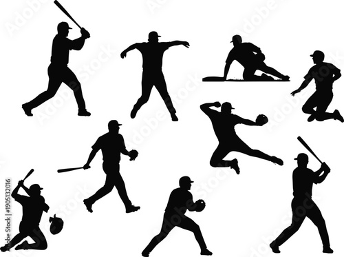 Baseball players silhouette set showing batting pitching sliding and catching actions, dynamic sports movement and athletic gameplay poses collection isolated on white background illustration