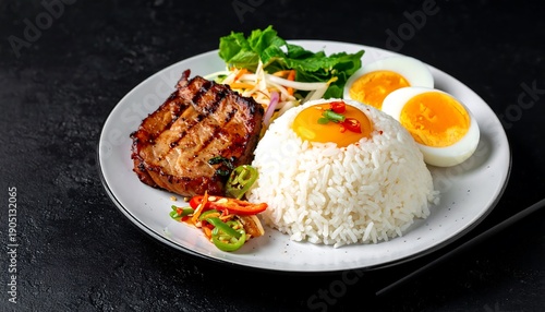Delicious Grilled Pork Chop with Rice and Boiled Eggs Meal.
