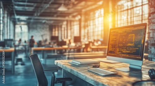 Modern office workspace with computer screen displaying code.
