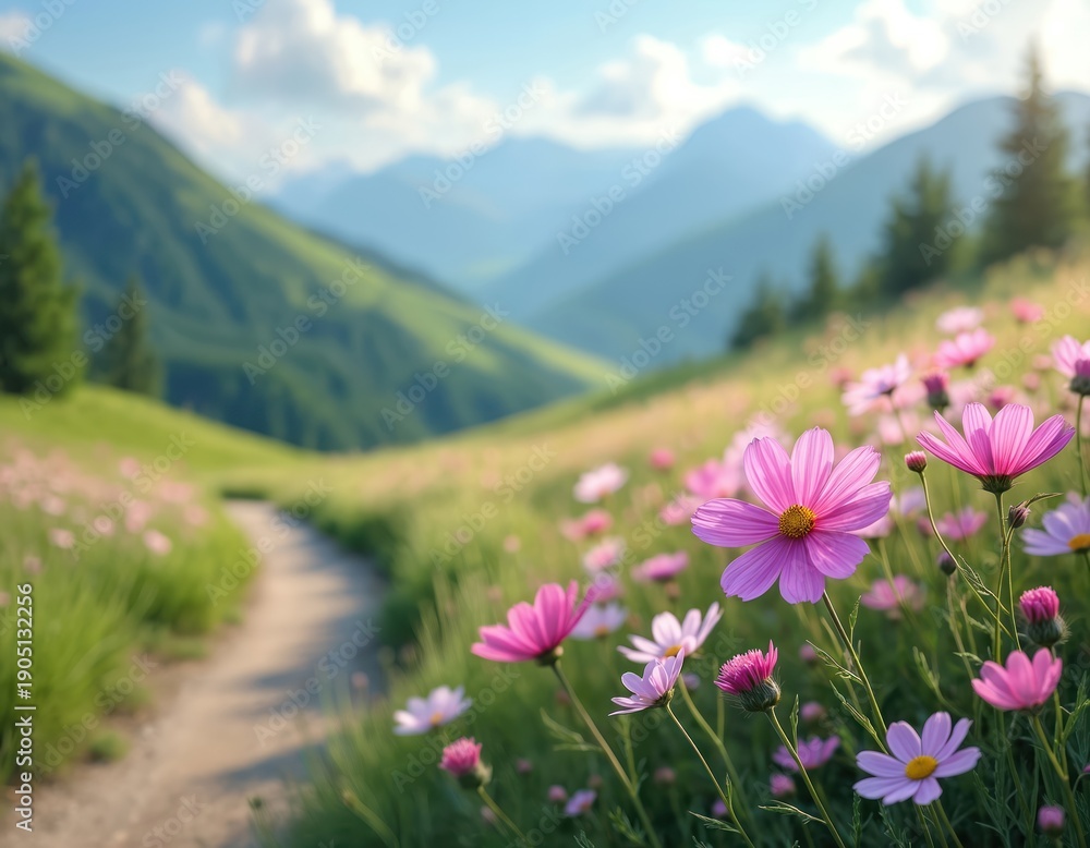 Fototapeta premium Pink cosmos flowers bloom in a mountain meadow next to a winding dirt path. Green hills under a blue sky create a serene landscape scene with majestic peaks in distance.