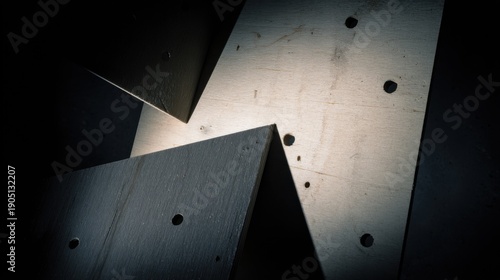 Abstract geometric pattern of wood texture with dramatic shadows, close-up macro shot.