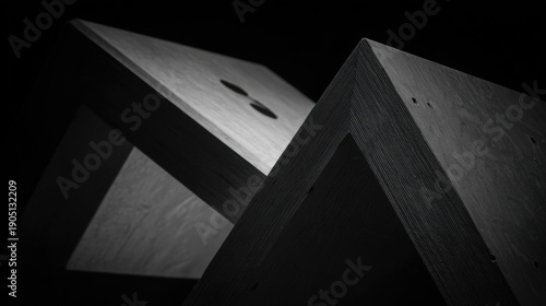 Abstract geometric pattern of wood texture with dramatic shadows, close-up macro shot.
