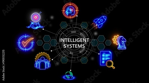 intelligent systems text .internet and networking concept, technology matrix global security with digital spot light and stretch background glowing 4k video animation